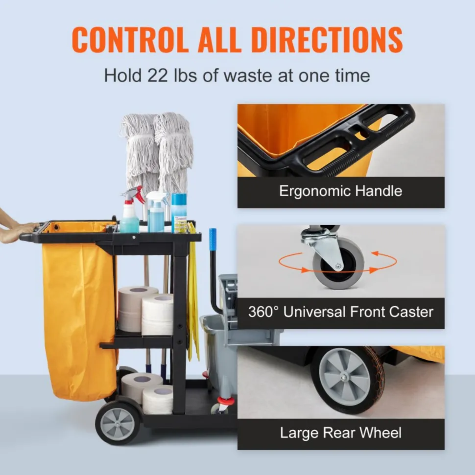 VEVOR Cleaning Cart, 3-Shelf Commercial Janitorial Cart, 200 lbs Capacity Plastic Housekeeping Cart, with 25 Gallon PVC Bag, 47 x 20 x 38.6in, Yellow & Black