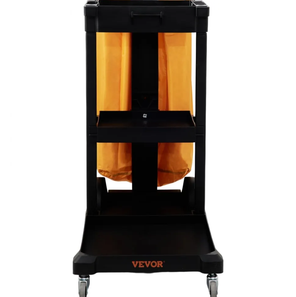 VEVOR Cleaning Cart, 3-Shelf Commercial Janitorial Cart, 200 lbs Capacity Plastic Housekeeping Cart, with 25 Gallon PVC Bag, 47 x 20 x 38.6in, Yellow & Black