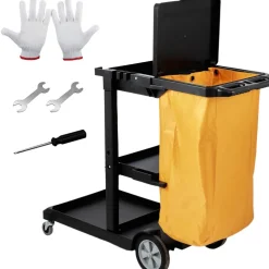 VEVOR Cleaning Cart, 3-Shelf Commercial Janitorial Cart, 200 lbs Capacity Plastic Housekeeping Cart, with 25 Gallon PVC Bag and Cover, 47 x 20 x 38.6in, Yellow&Black