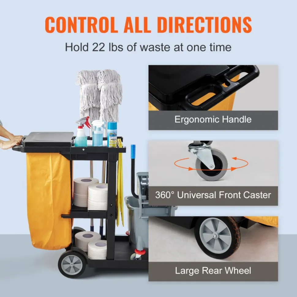 VEVOR Cleaning Cart, 3-Shelf Commercial Janitorial Cart, 200 lbs Capacity Plastic Housekeeping Cart, with 25 Gallon PVC Bag and Cover, 47 x 20 x 38.6in, Yellow&Black