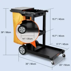 VEVOR Cleaning Cart, 3-Shelf Commercial Janitorial Cart, 200 lbs Capacity Plastic Housekeeping Cart, with 25 Gallon PVC Bag and Cover, 47 x 20 x 38.6in, Yellow&Black
