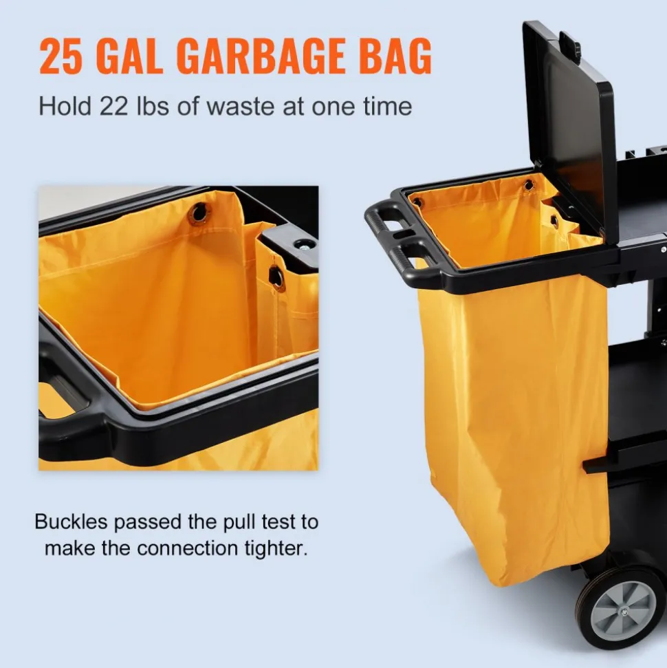 VEVOR Cleaning Cart, 3-Shelf Commercial Janitorial Cart, 200 lbs Capacity Plastic Housekeeping Cart, with 25 Gallon PVC Bag and Cover, 47 x 20 x 38.6in, Yellow&Black