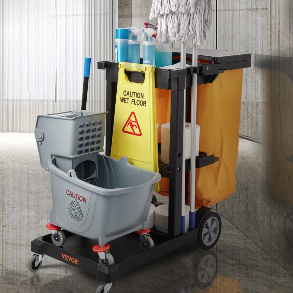 VEVOR Cleaning Cart, 3-Shelf Commercial Janitorial Cart, 200 lbs Capacity Plastic Housekeeping Cart, with 25 Gallon PVC Bag and Cover, 47 x 20 x 38.6in, Yellow&Black