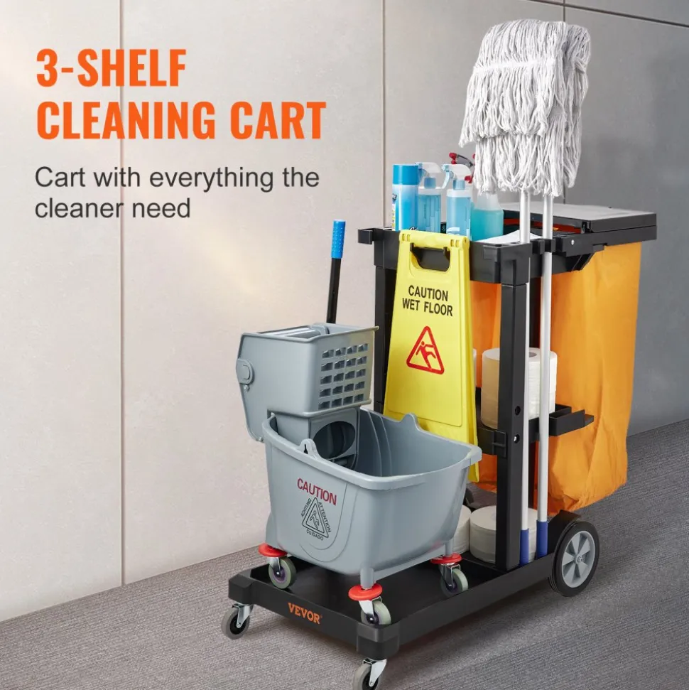 VEVOR Cleaning Cart, 3-Shelf Commercial Janitorial Cart, 200 lbs Capacity Plastic Housekeeping Cart, with 25 Gallon PVC Bag and Cover, 47 x 20 x 38.6in, Yellow&Black