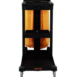 VEVOR Cleaning Cart, 3-Shelf Commercial Janitorial Cart, 200 lbs Capacity Plastic Housekeeping Cart, with 25 Gallon PVC Bag and Cover, 47 x 20 x 38.6in, Yellow&Black