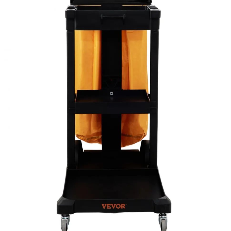 VEVOR Cleaning Cart, 3-Shelf Commercial Janitorial Cart, 200 lbs Capacity Plastic Housekeeping Cart, with 25 Gallon PVC Bag and Cover, 47 x 20 x 38.6in, Yellow&Black