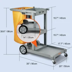 VEVOR Cleaning Cart, 3-Shelf Commercial Janitorial Cart, 200 lbs Capacity Plastic Housekeeping Cart, with 25 Gallon PVC Bag, 47