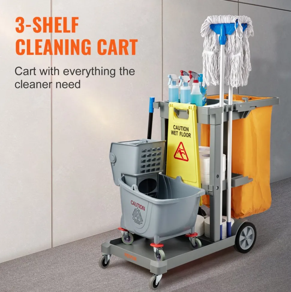 VEVOR Cleaning Cart, 3-Shelf Commercial Janitorial Cart, 200 lbs Capacity Plastic Housekeeping Cart, with 25 Gallon PVC Bag, 47" x 20" x 38.6", Yellow+Grey