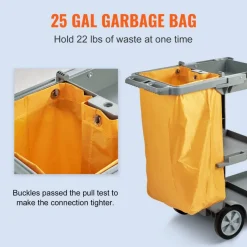 VEVOR Cleaning Cart, 3-Shelf Commercial Janitorial Cart, 200 lbs Capacity Plastic Housekeeping Cart, with 25 Gallon PVC Bag, 47