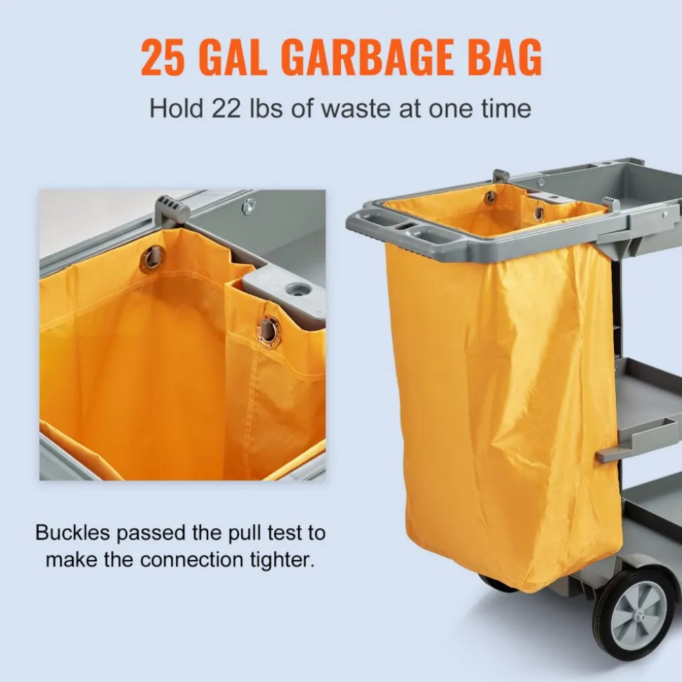 VEVOR Cleaning Cart, 3-Shelf Commercial Janitorial Cart, 200 lbs Capacity Plastic Housekeeping Cart, with 25 Gallon PVC Bag, 47" x 20" x 38.6", Yellow+Grey