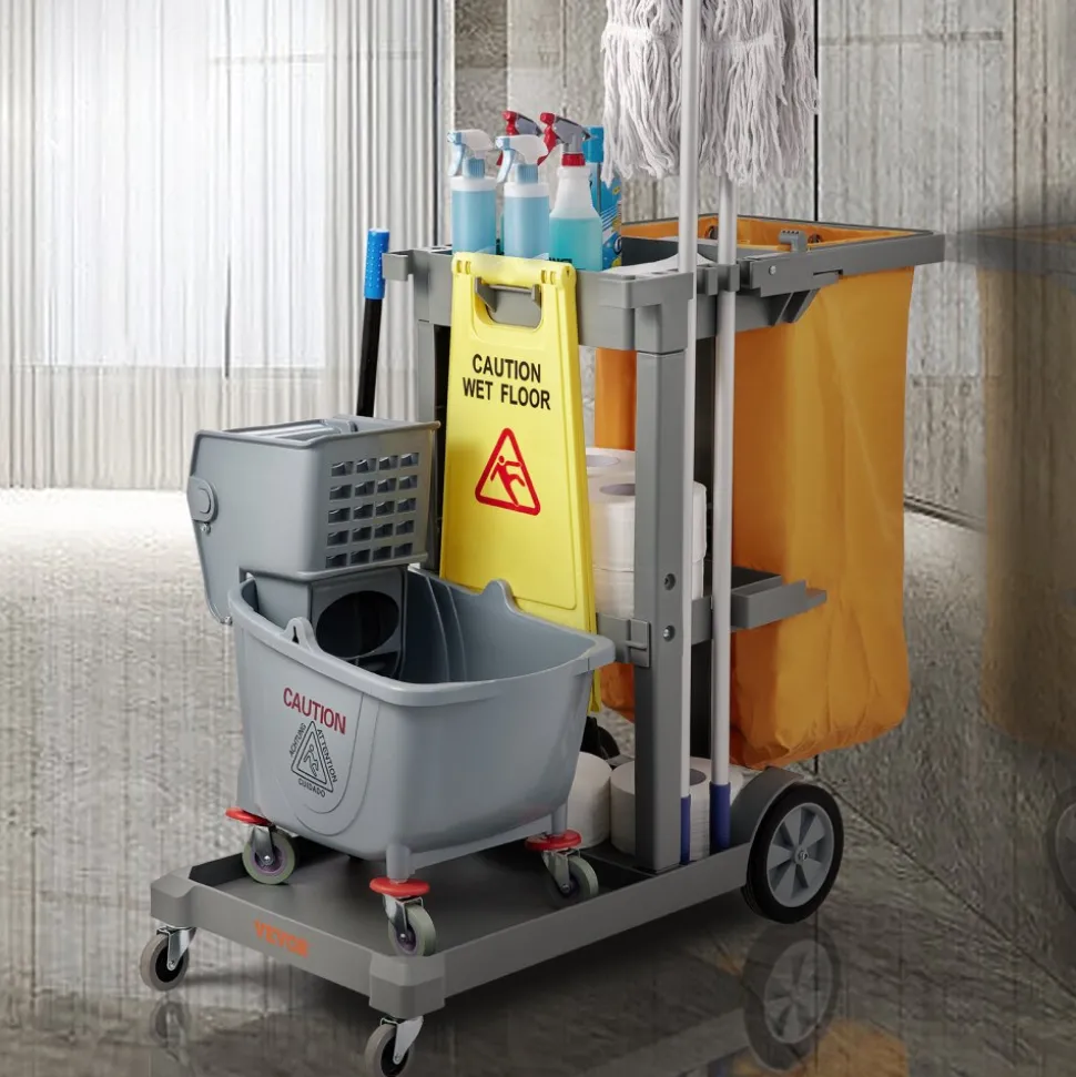 VEVOR Cleaning Cart, 3-Shelf Commercial Janitorial Cart, 200 lbs Capacity Plastic Housekeeping Cart, with 25 Gallon PVC Bag, 47" x 20" x 38.6", Yellow+Grey