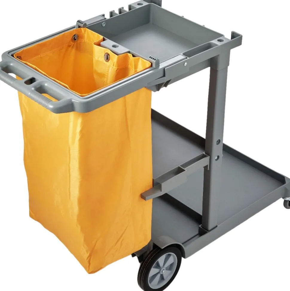 VEVOR Cleaning Cart, 3-Shelf Commercial Janitorial Cart, 200 lbs Capacity Plastic Housekeeping Cart, with 25 Gallon PVC Bag, 47" x 20" x 38.6", Yellow+Grey