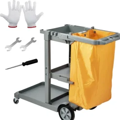 VEVOR Cleaning Cart, 3-Shelf Commercial Janitorial Cart, 200 lbs Capacity Plastic Housekeeping Cart, with 25 Gallon PVC Bag, 47