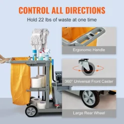VEVOR Cleaning Cart, 3-Shelf Commercial Janitorial Cart, 200 lbs Capacity Plastic Housekeeping Cart, with 25 Gallon PVC Bag, 47