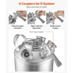 VEVOR Cleaning Keg, 5 Gallon/19L Keg Line Cleaning Kit with 4 D Coupler Connections & Rubber Base, Beer Lines Cleaner Used for Beer Line Cleaning, 304 Stainless Steel Kegerator Beers Lines Cleaner Kit
