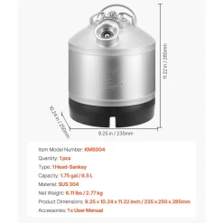 VEVOR Cleaning Keg, 1.75 Gallon/6.5L Keg Line Cleaning Kit with D Coupler Connection & Rubber Base, Beer Lines Cleaner Used for Beer Line Cleaning, 304Stainless Steel Kegerator Beers Lines Cleaner Kit