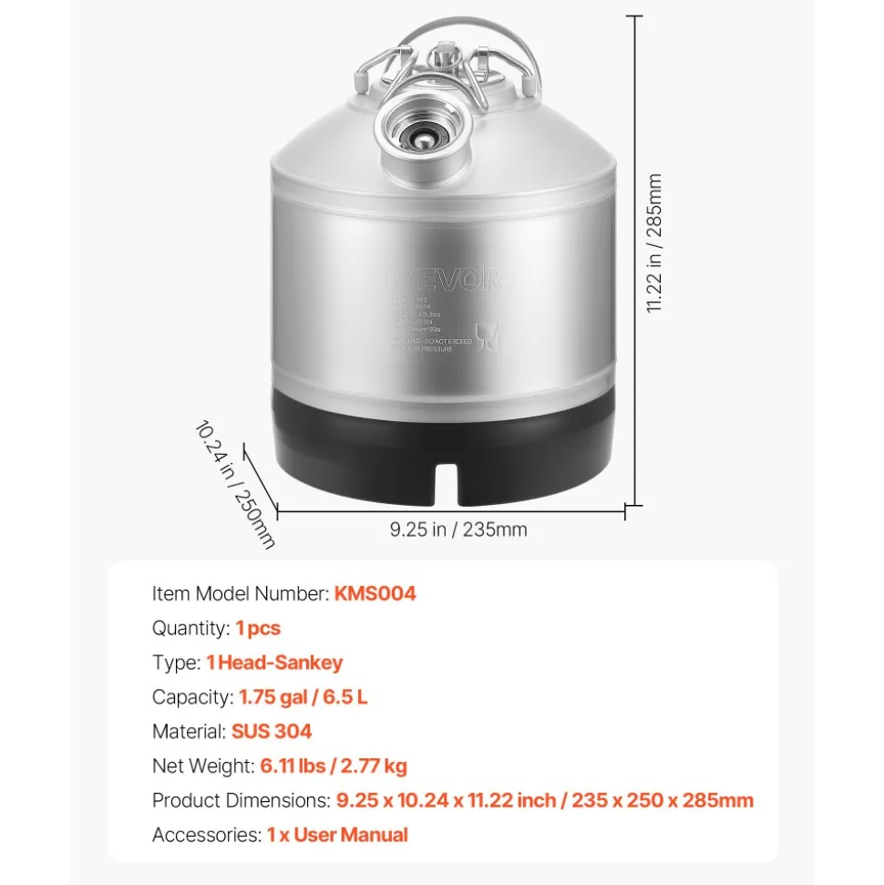 VEVOR Cleaning Keg, 1.75 Gallon/6.5L Keg Line Cleaning Kit with D Coupler Connection & Rubber Base, Beer Lines Cleaner Used for Beer Line Cleaning, 304Stainless Steel Kegerator Beers Lines Cleaner Kit