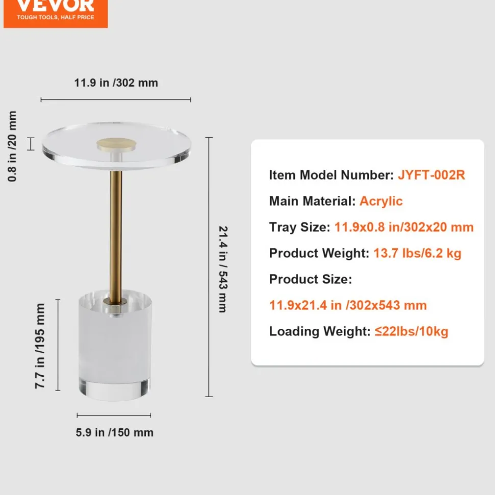 VEVOR Clear Acrylic End Table, Acrylic Side Table with a Solid Base, 11.9 x 11.9 inch Round Tabletop, 21.4 inch High, for Coffee, Drink, Food, Snack used in Living Room, Bedroom, and Study