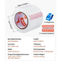 VEVOR Clear Packing Tape, 1.5 inches Core, 6 Rolls 1.88 Inches x 25 Yards Packing Tape with Dispenser, 2.7 Mil Heavy Duty Packaging Tape Designed for Moving, Storage and Packing, Shipping and Mailing