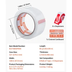 VEVOR Clear Packing Tape, 3 inches Core, 6 Rolls 1.88 Inches x 65 Yards Packing Tape with Dispenser, 2.7 Mil Heavy Duty Packaging Tape Designed for Moving, Storage and Packing, Shipping and Mailing