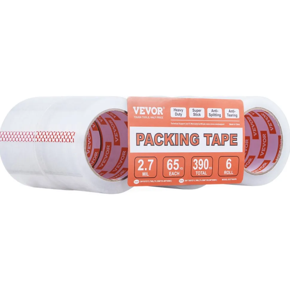 VEVOR Clear Packing Tape, 3 inches Core, 6 Rolls 3 Inches x 65 Yards Packing Tapes, 2.7 Mil Thick, Heavy Duty Packaging Tape Designed for Moving, Storage and Packing, Shipping and Mailing, Office
