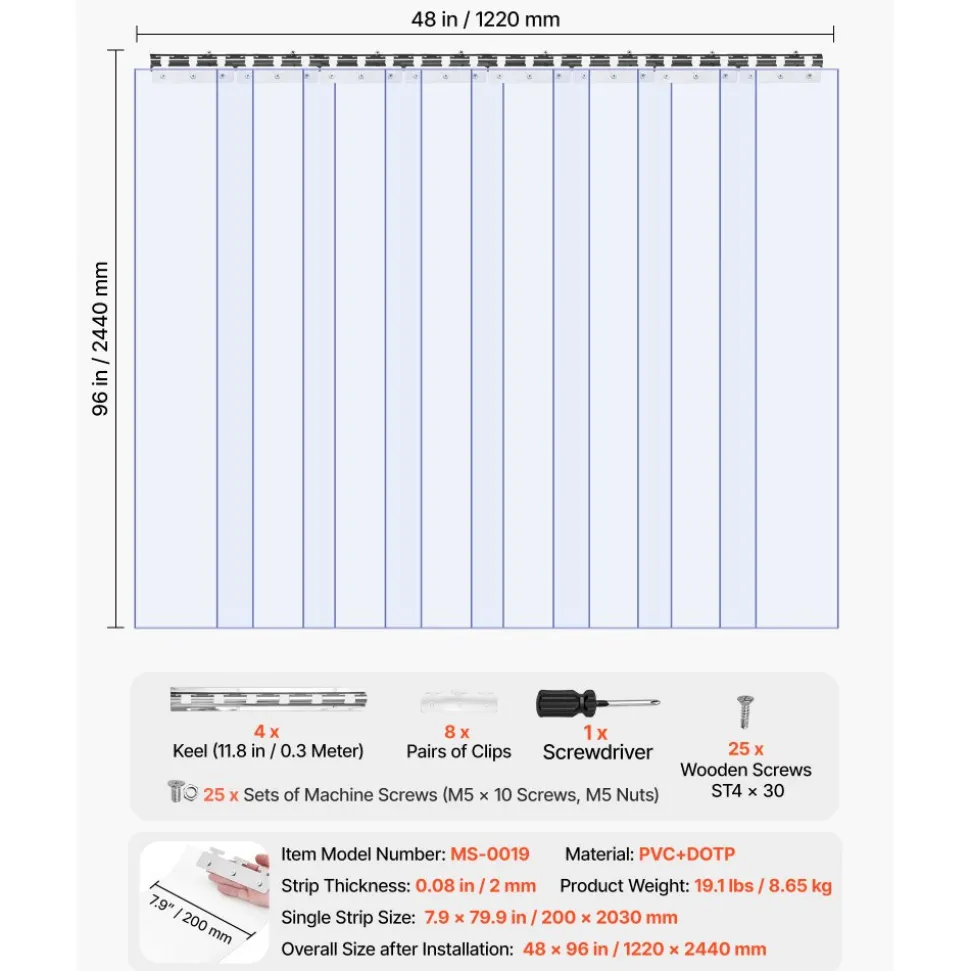VEVOR Clear PVC Strip Curtain, 84 in Height x 48 in Width x 0.08 in Thickness, 8 PCS Walk in Freezer Cooler Curtain Strips, Thermal Insulating Plastic Door Strips for Warehouse, Freezer, Garage Doors