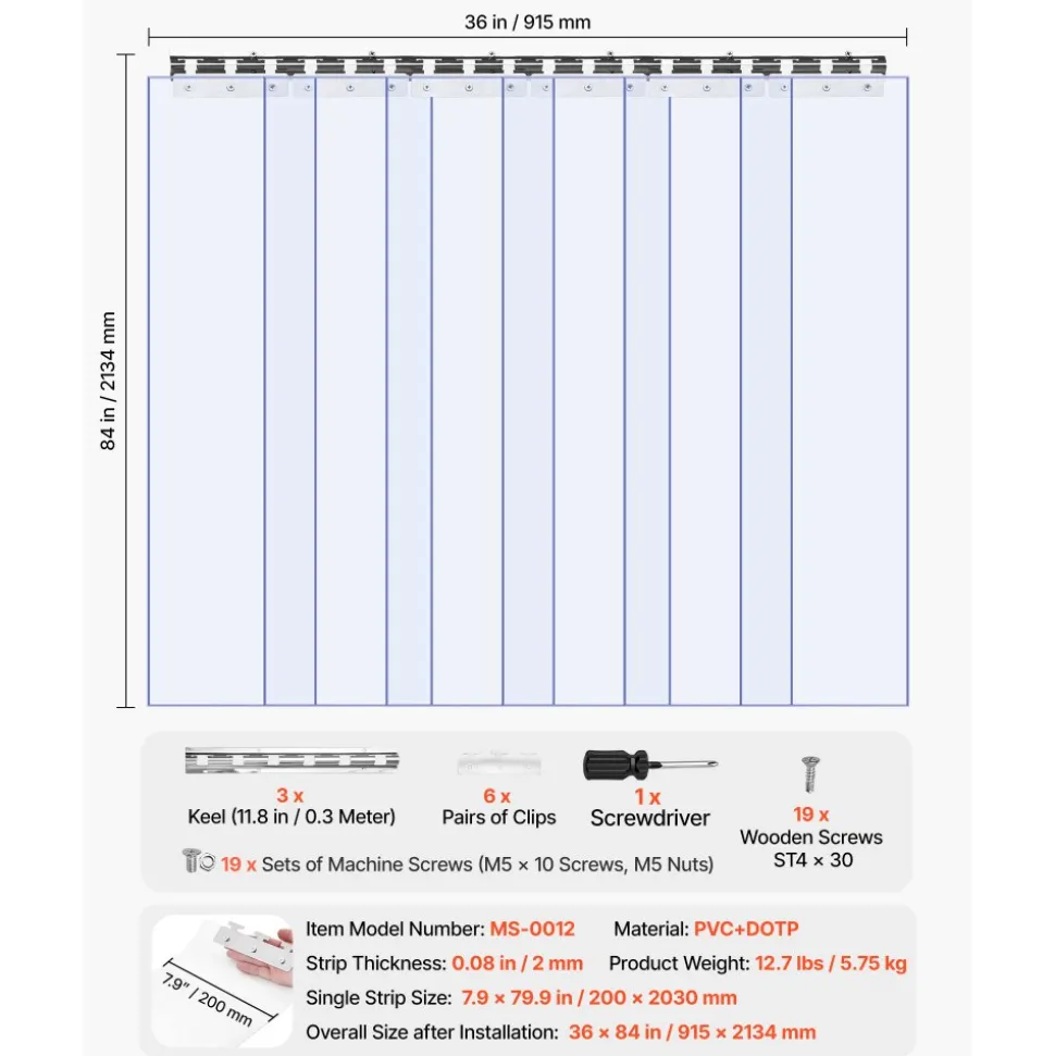 VEVOR Clear PVC Strip Curtain, 96 in Height x 72 in Width x 0.08 in Thickness, 12 PCS Walk in Freezer Cooler Curtain Strips, Smooth Waterproof Plastic Door Strips for Warehouse, Freezer, Garage Doors