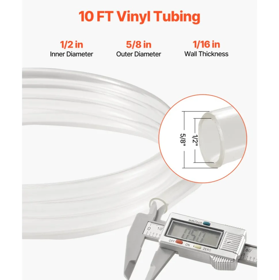VEVOR Clear Vinyl Tubing, 1/2" ID x 5/8" OD, 10FT Plastic PVC Tubing, Flexible and Cuttable Clear Hose, 1/16 in Wall Thickness, High-strength PVC Material for Aquarium Irrigation Swimming Pool Lab