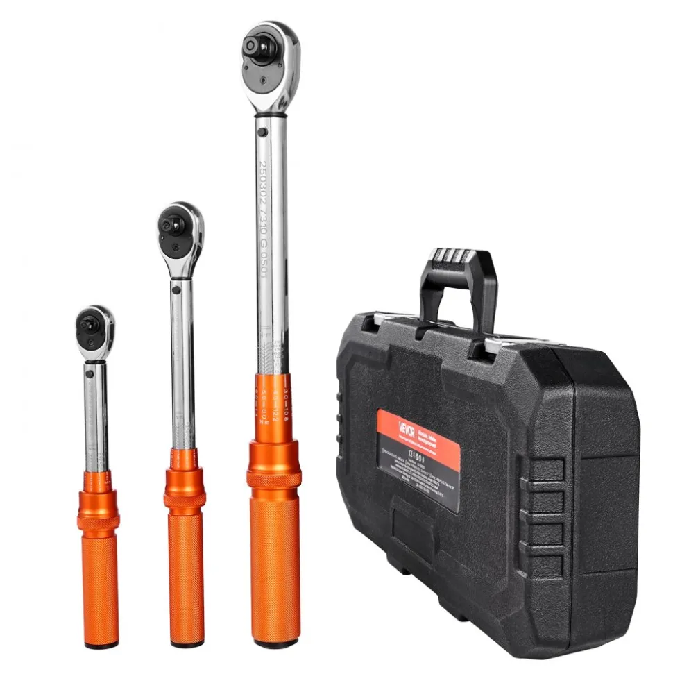 VEVOR Click Torque Wrench Set, 3 Pieces, 1/4, 3/8, 1/2 Inch Drive, 10-170 lbf-ft, 5-45 lbf-ft, 20-240 lbf-in, Dual-direction and Dual Range Scales, 72-Tooth, ±3% High Precision, for Bicycle Repair