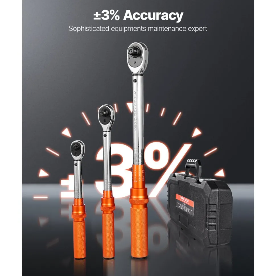 VEVOR Click Torque Wrench Set, 3 Pieces, 1/4, 3/8, 1/2 Inch Drive, 10-170 lbf-ft, 5-45 lbf-ft, 20-240 lbf-in, Dual-direction and Dual Range Scales, 72-Tooth, ±3% High Precision, for Bicycle Repair