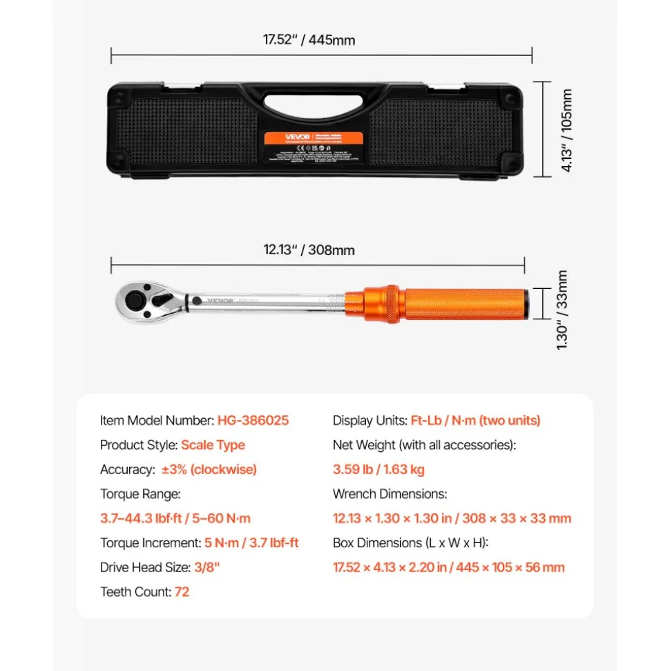 VEVOR Click Torque Wrench Set, 3/8 Inch Drive, 5-60 N.m / 3.7-44.3 lbf.ft, Dual-direction, 72-Tooth, ±3% High Precision, with Sockets, Bits, Extension Bar, Spark Plug Sockets, Adapter, Orange