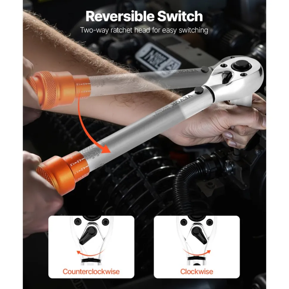 VEVOR Click Torque Wrench Set, 3/8 Inch Drive, 5-60 N.m / 3.7-44.3 lbf.ft, Dual-direction, 72-Tooth, ±3% High Precision, with Sockets, Bits, Extension Bar, Spark Plug Sockets, Adapter, Orange