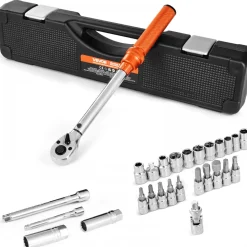 VEVOR Click Torque Wrench Set, 3/8 Inch Drive, 5-60 N.m / 3.7-44.3 lbf.ft, Dual-direction, 72-Tooth, ±3% High Precision, with Sockets, Bits, Extension Bar, Spark Plug Sockets, Adapter, Orange