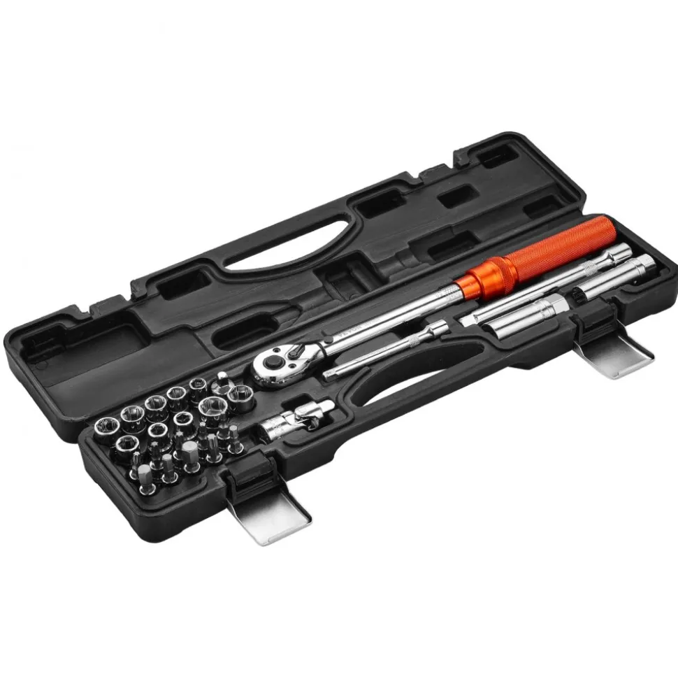 VEVOR Click Torque Wrench Set, 3/8 Inch Drive, 5-60 N.m / 3.7-44.3 lbf.ft, Dual-direction, 72-Tooth, ±3% High Precision, with Sockets, Bits, Extension Bar, Spark Plug Sockets, Adapter, Orange
