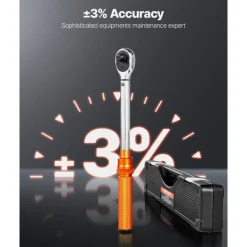 VEVOR Click Torque Wrench Set, 3/8 Inch Drive, 5-60 N.m / 3.7-44.3 lbf.ft, Dual-direction, 72-Tooth, ±3% High Precision, with Sockets, Bits, Extension Bar, Spark Plug Sockets, Adapter, Orange
