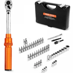 VEVOR Click Torque Wrench Set, 1/4Inch Drive, 20-240 lbf-in / 2.3-27.1N.m, Dual-direction and Dual Range Scales, 72-Tooth, ±3% High Precision, with Bits, Sockets, Adapters, Extension Bar, Orange
