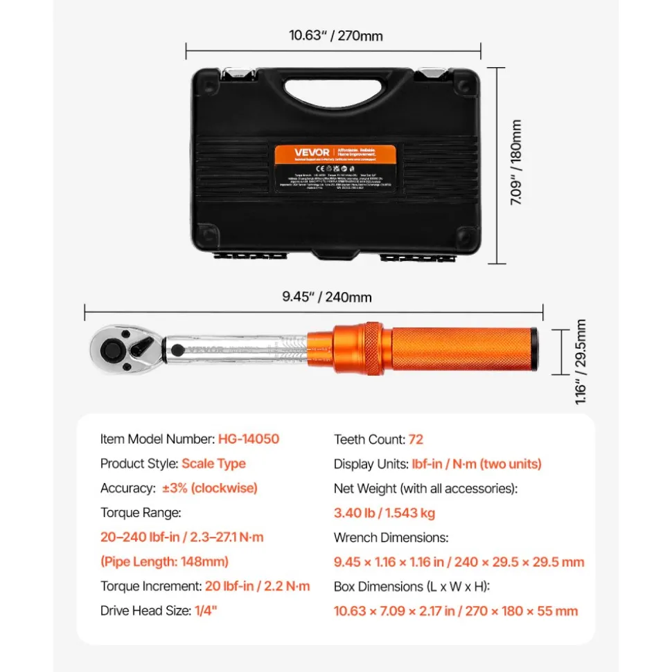 VEVOR Click Torque Wrench Set, 1/4Inch Drive, 20-240 lbf-in / 2.3-27.1N.m, Dual-direction and Dual Range Scales, 72-Tooth, ±3% High Precision, with Bits, Sockets, Adapters, Extension Bar, Orange