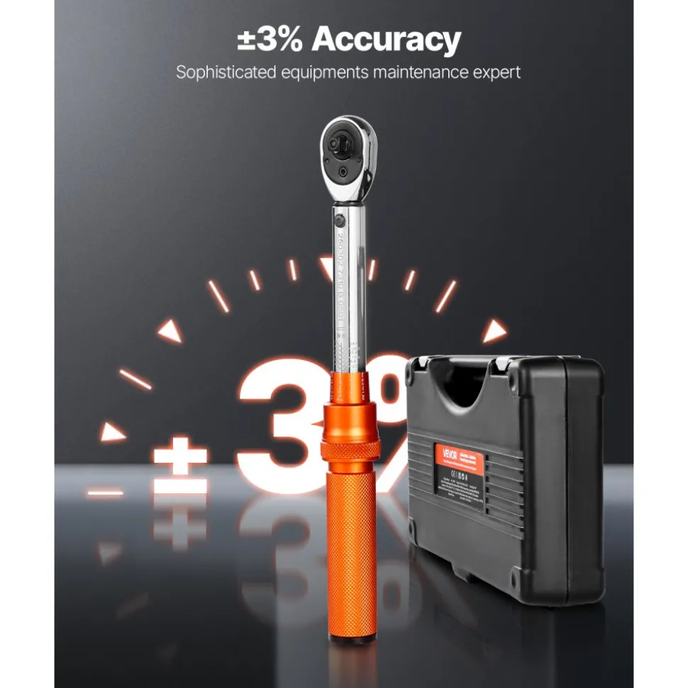 VEVOR Click Torque Wrench Set, 1/4Inch Drive, 20-240 lbf-in / 2.3-27.1N.m, Dual-direction and Dual Range Scales, 72-Tooth, ±3% High Precision, with Bits, Sockets, Adapters, Extension Bar, Orange