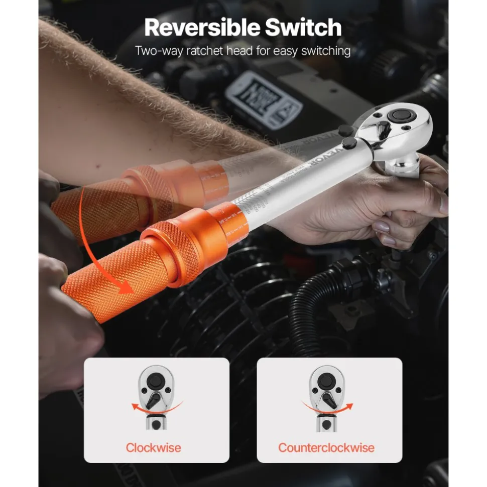 VEVOR Click Torque Wrench Set, 1/4Inch Drive, 20-240 lbf-in / 2.3-27.1N.m, Dual-direction and Dual Range Scales, 72-Tooth, ±3% High Precision, with Bits, Sockets, Adapters, Extension Bar, Orange