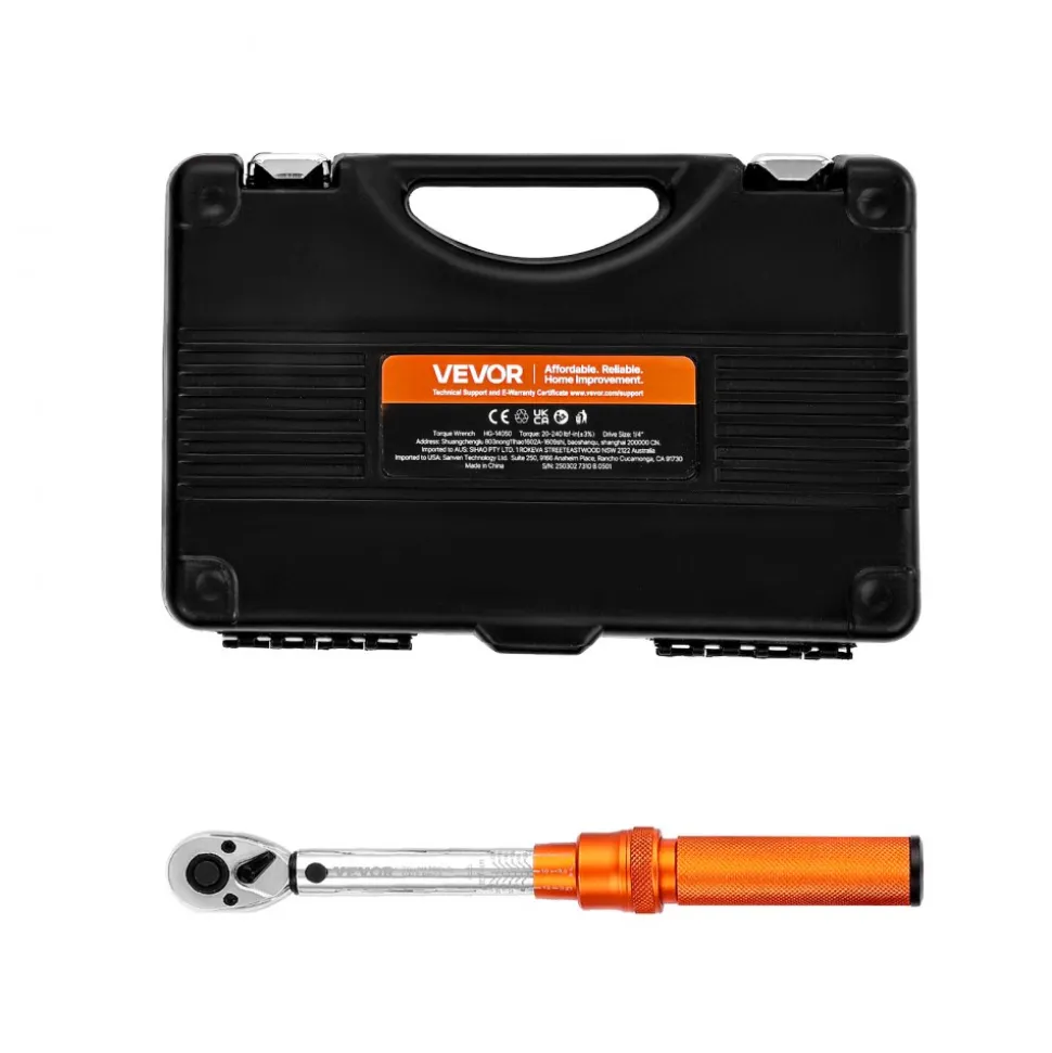 VEVOR Click Torque Wrench Set, 1/4Inch Drive, 20-240 lbf-in / 2.3-27.1N.m, Dual-direction and Dual Range Scales, 72-Tooth, ±3% High Precision, with Bits, Sockets, Adapters, Extension Bar, Orange
