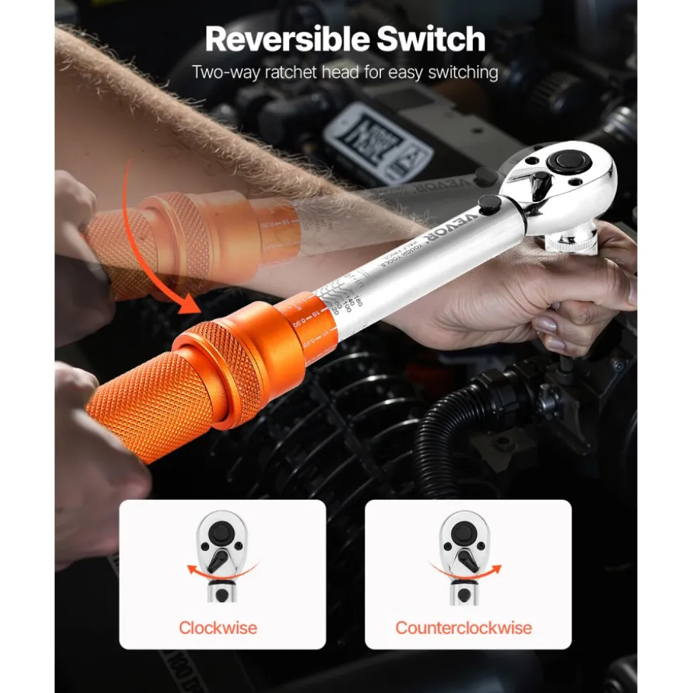 VEVOR Click Torque Wrench Set, 1/4Inch Drive, 20-200lbf-in/2.3-22.6N.m, Dual-direction and Dual Range Scales, 72-Tooth, ±3% High Precision, with Bit Sockets, Extension Bar, for Bicycle Repair, Orange