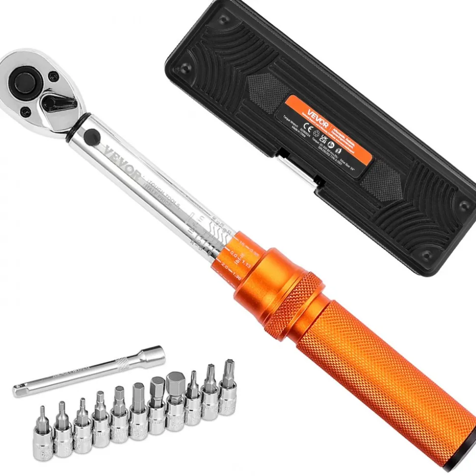 VEVOR Click Torque Wrench Set, 1/4Inch Drive, 20-200lbf-in/2.3-22.6N.m, Dual-direction and Dual Range Scales, 72-Tooth, ±3% High Precision, with Bit Sockets, Extension Bar, for Bicycle Repair, Orange