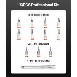 VEVOR Click Torque Wrench Set, 1/4Inch Drive, 20-200lbf-in/2.3-22.6N.m, Dual-direction and Dual Range Scales, 72-Tooth, ±3% High Precision, with Bit Sockets, Extension Bar, for Bicycle Repair, Orange