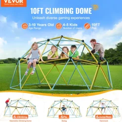 VEVOR Climbing Dome, for Kids 3 to 10 Years Old,10FT Geometric Dome Climber with Hammock and Swing, Jungle Gym Supports 750LBS and Easy Assembly, with Climbing Grip, Outdoor Backyard Play Equipment