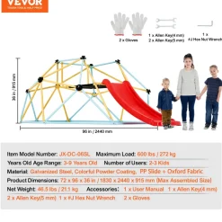 VEVOR Climbing Dome, for Kids 3 to 9 Years Old, 8FT Geometric Dome Climber with Slide,Jungle Gym Supports 600LBS and Easy Assembly, with Climbing Grip, Outdoor and Indoor Play Equipment for Kids