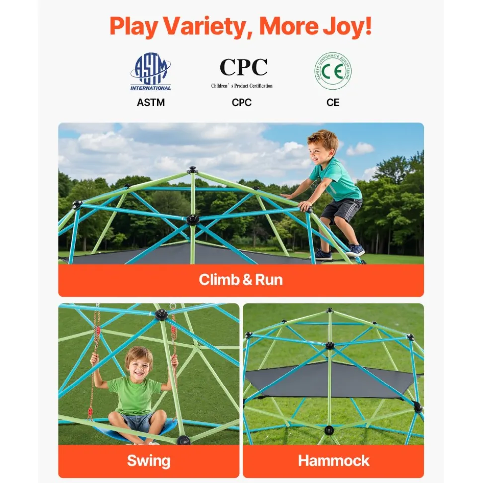 VEVOR Climbing Dome, 10FT Geometric Dome Climber with Swing & Hammock, 1000LBS Loading Kid's Jungle Gym Playground, Easy-Assembly Outdoor Backyard Climbing Equipment for Boys Girls 3 to 10 Years Old