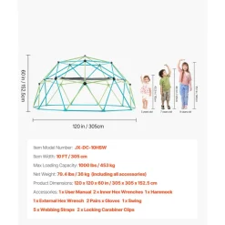 VEVOR Climbing Dome, 10FT Geometric Dome Climber with Swing & Hammock, 1000LBS Loading Kid's Jungle Gym Playground, Easy-Assembly Outdoor Backyard Climbing Equipment for Boys Girls 3 to 10 Years Old