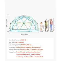 VEVOR Climbing Dome, 10FT Geometric Dome Climber for Kids, 1000LBS Loading Jungle Gym Playground with Octopus Net & 2 Basketballs, Easy-Assembly Outdoor Backyard Climbing Toys - Gift for Boys Girls