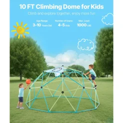 VEVOR Climbing Dome, 10FT Geometric Dome Climber for Kids, 1000LBS Loading Jungle Gym Playground with Octopus Net & 2 Basketballs, Easy-Assembly Outdoor Backyard Climbing Toys - Gift for Boys Girls
