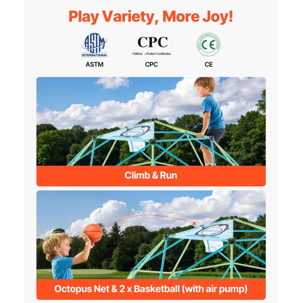 VEVOR Climbing Dome, 10FT Geometric Dome Climber for Kids, 1000LBS Loading Jungle Gym Playground with Octopus Net & 2 Basketballs, Easy-Assembly Outdoor Backyard Climbing Toys - Gift for Boys Girls